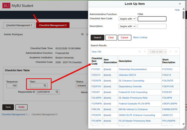 Example of Checklist Management 2 tab with Item Code lookup.