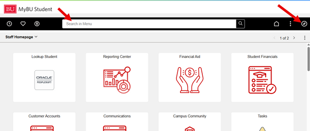 Example full site Staff Homepage, highlighting location of search bar and navigation menu.