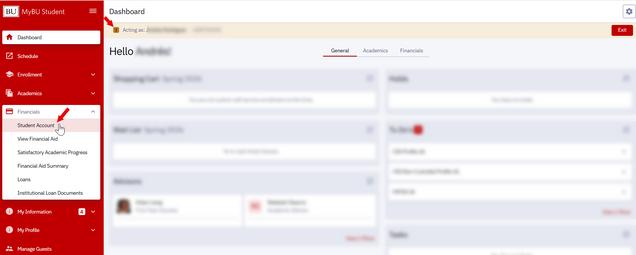 Menu selection of Student Account from Dashboard view in 'Act As User' mode.