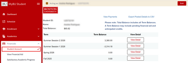 Example of Student Account page in Act As User mode.