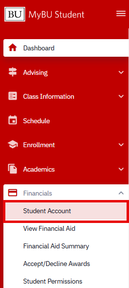 MyBU Student navigation menu, highlighting Student Account selection.