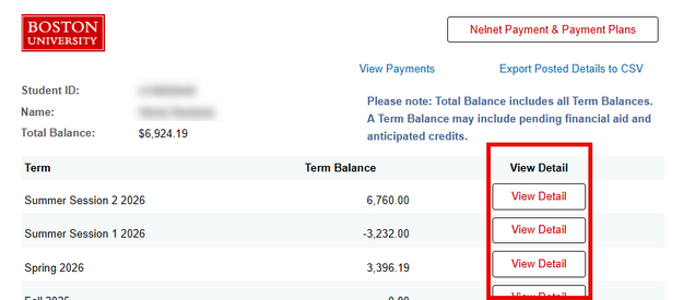Example of Student Account page, highlighting the 'View Detail' column on the Term balances section.