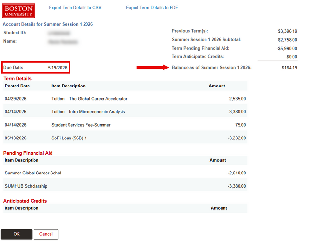 Example of Account Term Detail for a Summer Session 1 term, highlighting the Due Date and Term Balance.