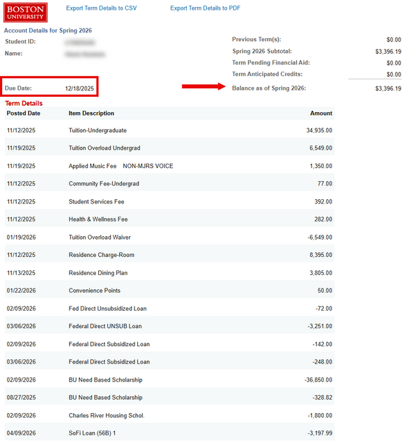 Example of Term Details for a Spring Term, highlighting the Due Date and Term balance.