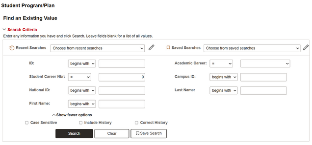 Student Program/Plan search screen.