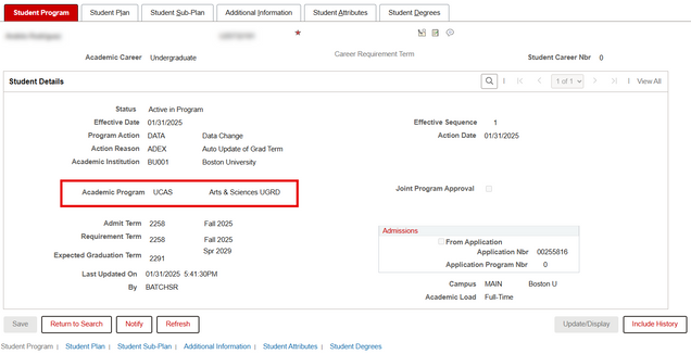 Example of Student Program tab, highlighting where to find Academic Program.