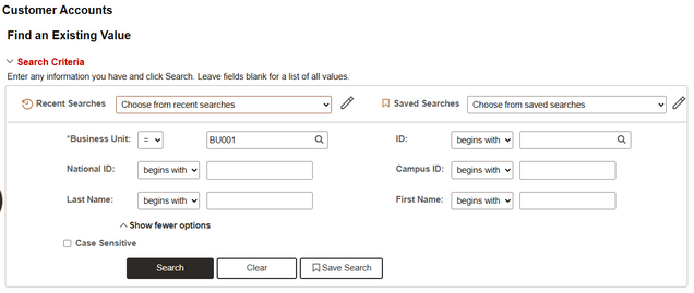View Customer Accounts search screen.