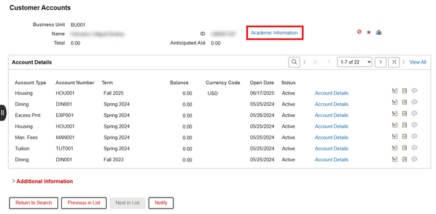 Example of Customer Accounts page highlighting location of Academic Information link.