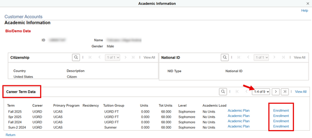 Example of Academic Information window on Customer Accounts page, annotated to highlight Enrollment seelction.