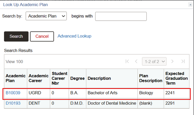 The Look Up Academic Information window for identifying a completed academic plan and printing a Degree/Certification Completion Letter.