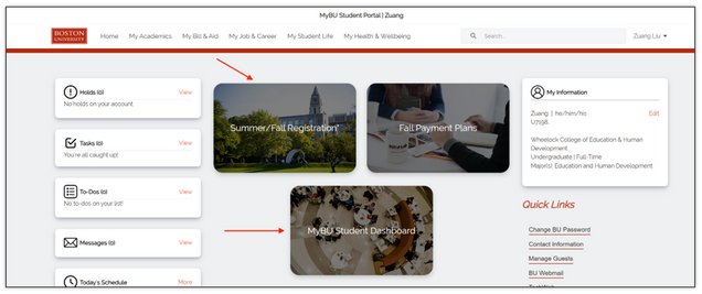 Example of student portal homepage with arrow pointing to the MyBU Student Dashboard tile.