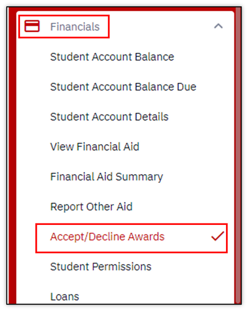 MyBU Student navigation Financials menu highlighting Accept/Decline Awards.