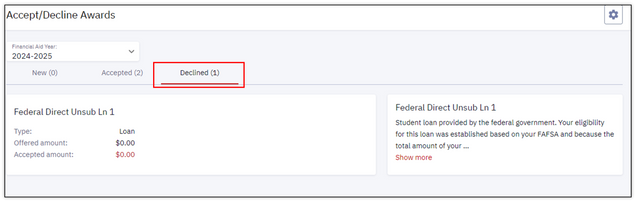 Example of Declined tab on the Accept/Decline Awards page.