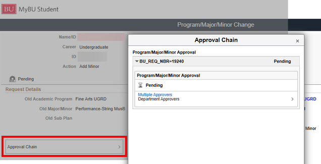 An Approval Chain pop-up window, displaying the status (Pending, in this image) and approvers (Multiple Department Approvers, in this image) available for a request row.