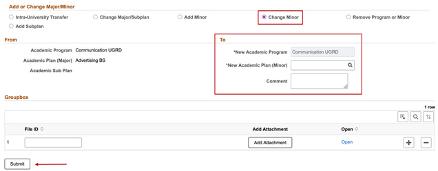 An Add or Change Major/Minor form, highlighting the “To” field (where a search for new Program/Plan can be performed) and the Submit button.