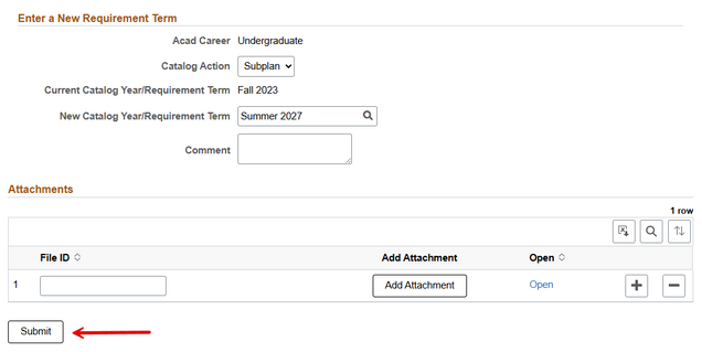 The Enter a New Requirement Term form, displaying fields selected or Catalog Action (Subplan, in this image) and New Catalog Year/Requirement Term. Also highlights the Submit button.