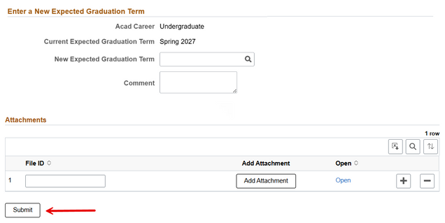 The Enter a New Expected Graduation Term page, displaying a field for entering the New Expected Graduation Term and highlighting the Submit button.