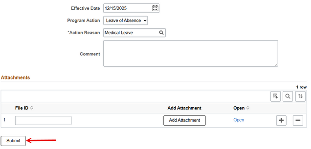 Inactivate Student Request window, displaying fields for Effective Date, Program Action (Leave of Absence, in this image), and Action Reason (Medical Leave, in this image). Also highlights the Submit button.