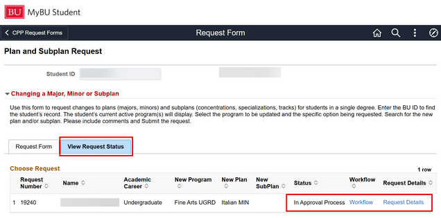 A sample Plan and Subplan Request form with the View Request Status tab open. Highlights the Status, Workflow, and Request Details related to the request.