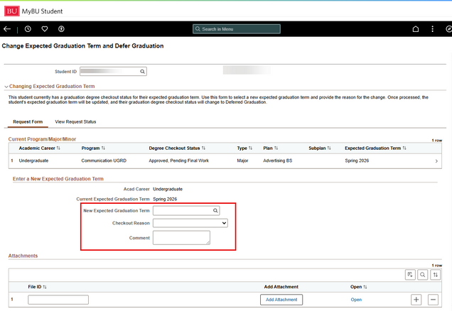 The Change Expected Graduation Term and Defer Graduation request form. Highlights fields for entering a New Expected Graduation Term, Checkout Reason, and Comment.
