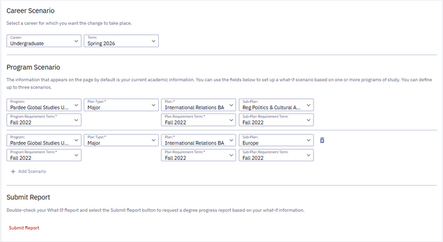 The initial scenario options window for beginning a new What-If report.