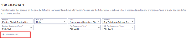 Program Scenario option fields for generating a What If report.