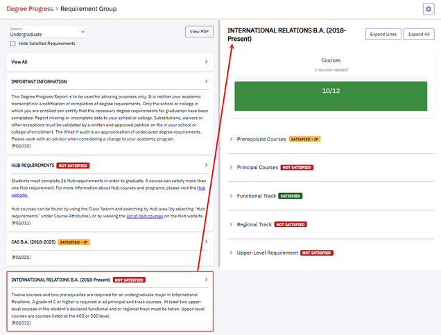 Right-side display results of clicking on a requirement section in the left-side display of a Degree Progress page.