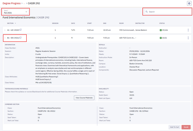 Display of section information for course CASIR 292, displaying available sections for a selected Term, a Search box for filtering results, and expanded details for a course section, opened by clicking on the section row.