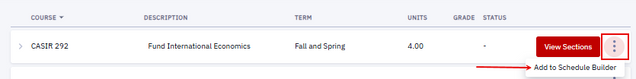 View Sections button, Additional Actions three dots menu, and Add to Schedule Builder option for a course row in Degree Progress.