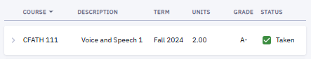Information about course CFATH 111, viewed after clicking View Courses in a Degree Progress page Requirement Line.
