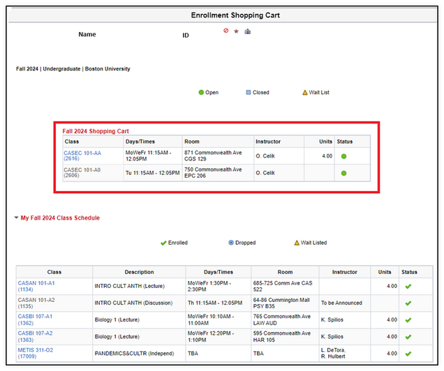 Academics section Shopping Cart page populated for a selected term. Displays the shopping cart at the top of the page, and a list of enrolled classes for the same term at the bottom of the page.