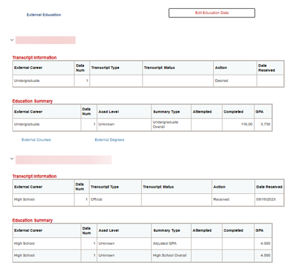 The External Education section of the Academics tab.
