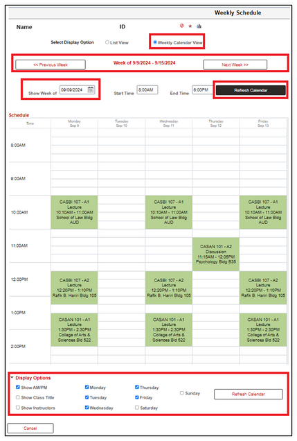 Example of the My Class Schedule Weekly Calendar View.