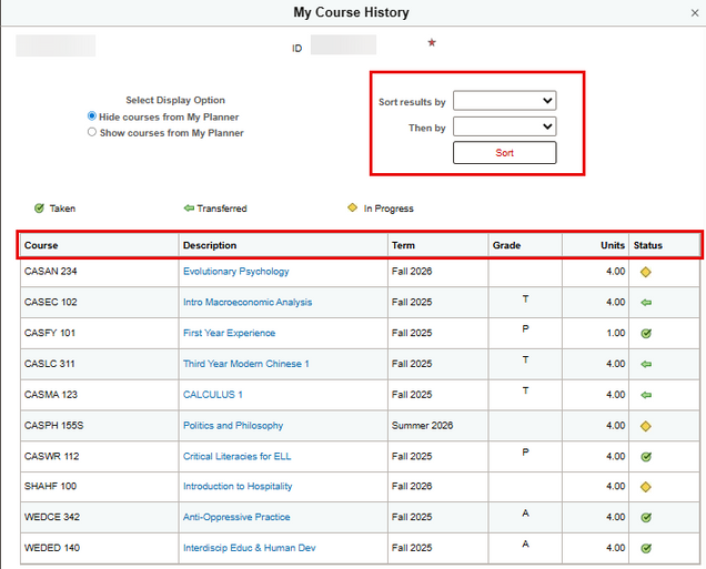 The My Course History page, displaying a sortable transcript-like view of the student’s classes.