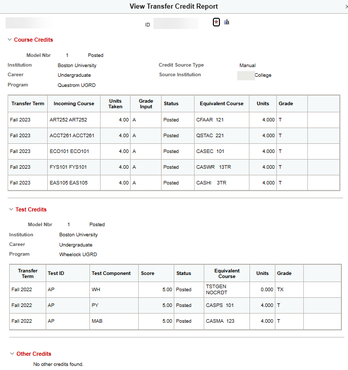 A View Transfer Credit Report page, displaying sections for Course Credits, Test Credits, and Other Credits.