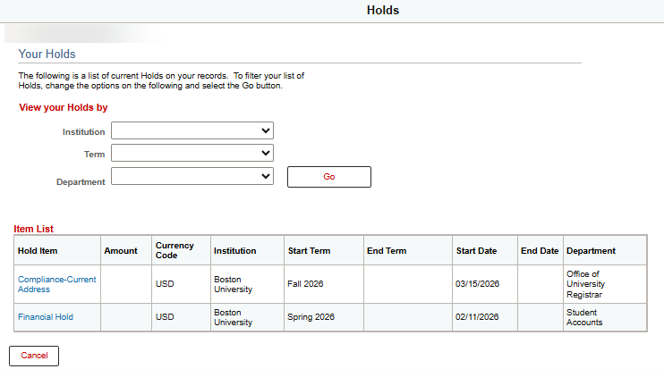 A Holds page listing multiple holds for a student, displaying filtering drop downs at the top of the page.