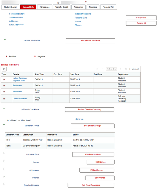 The layout of the General Info tab, displaying direct links at the top of the page and expandable, editable sections beneath.