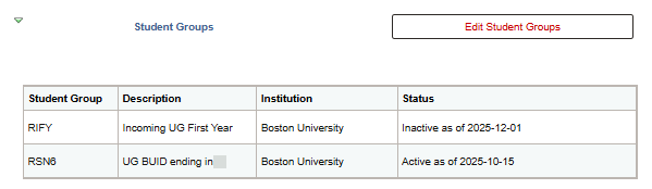 A Student Groups table, listing the Student Group code, Description, Institution, and Status for each group applied to a student.
