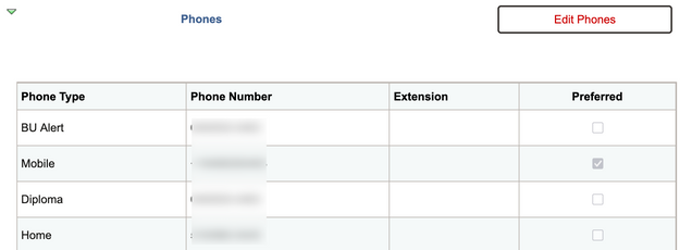 The Phones data section in the General Info tab, displaying a table for phone types, phone numbers, extensions, and preferred number status.