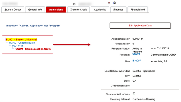 The Application Data section at the top of the Admissions tab, displaying a hierarchical view of past applications on the left, and data on the right related to the Academic Program selected from the left-side navigation.