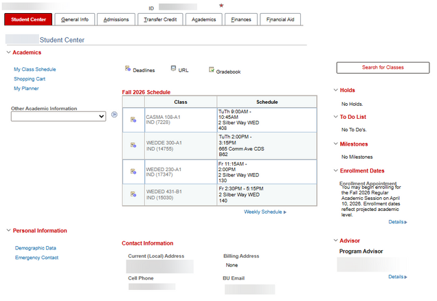 The Student Center Tab, divided into three display sections: Academics, Personal Information, and Right Side Navigation.