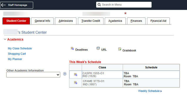 The Academics section of an individual’s Student Center tab.
