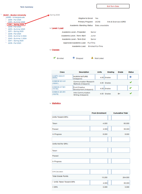 The Term Summary section of the Academics tab in the Student Services Center.