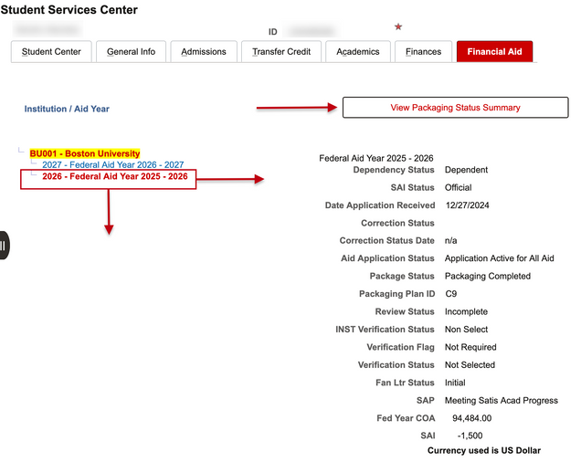 Example of an aid year selected from the left menu in the Student Services Center – Financial Aid tab Institution/Aid Year section. The selected aid year determines the aid-related data shown on the right of the tab page.