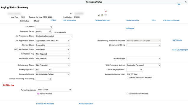 Example of a Packaging Status Summary page, accessed by clicking the View Packaging Status Summary in Student Services Center > Financial Aid tab --Institution/Aid Year section.