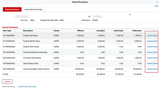 Award Summary page, accessed by selecting the Student Award Inquiry link in Student Services Center > Financial Aid tab – Award Summary for Aid Year section.