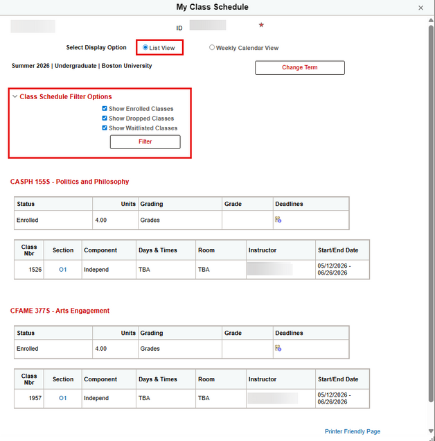 Example of the My Class Schedule List View.