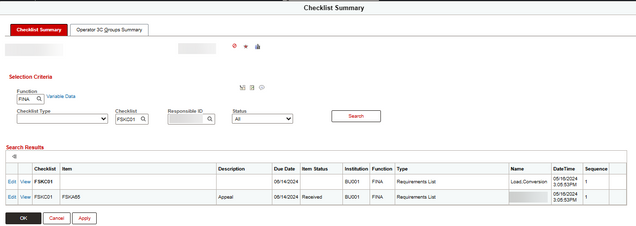 Checklist Summary tab in the Checklist Summary page.
