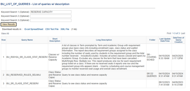 Example of List of Queries search and results.