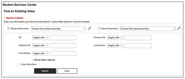 The Student Services Center Find an Existing Value window, where the user can enter data to search for a particular student by typing into or making selections in the data fields, then pressing Search.